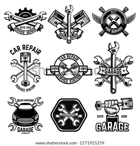 Set of car service station emblems and design elements. For logo, label, sign, banner, t shirt, poster. Vector illustration