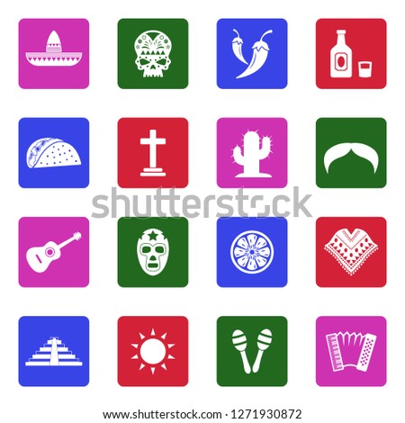 Mexican Culture Icons. White Flat Design In Square. Vector Illustration.