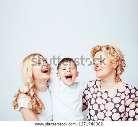 happy smiling blond family together posing cheerful on white bac