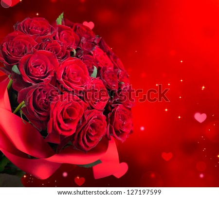 Roses Bouquet and Hearts background. Valentine or Wedding Card. Red Valentines Day Design. Bunch of Roses
