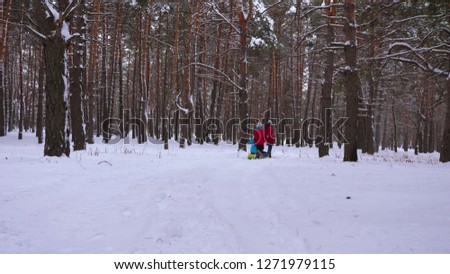 Happy children ride their mom on sled and an inflatable snow tube in pine forest. happy family mom and kids playing in winter park and forest for Christmas holidays. Slow motion.