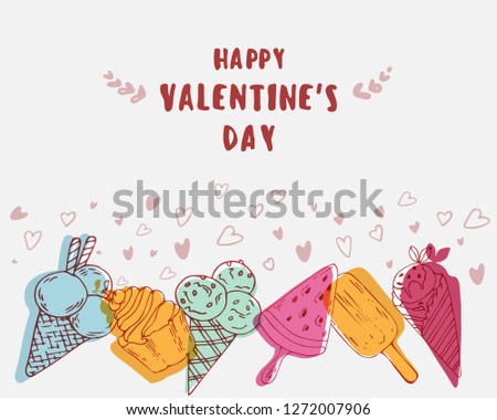 Hand typography. ice cream, for valentine's day, greeting happy birthday card, market, store, items, websites.template banner, invitation, poster. vector. place for text. White background