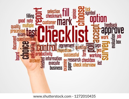 Checklist word cloud and hand with marker concept on white background.