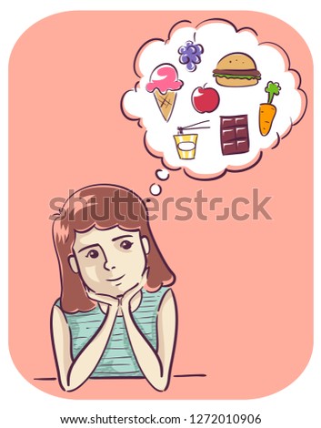Illustration of a Girl Smiling and Thinking about Food from Ice Cream to Carrot to Burger