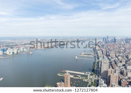 aerial view of new york buildings and atlantic ocean, usa