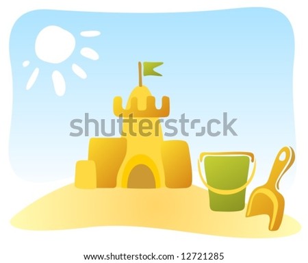 Ornate sand castle and beach toys on a sky background.