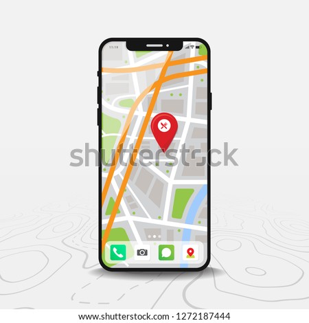 Smartphone with map and red pinpoint on screen, isolated on line maps background. Royalty-Free Stock Photo #1272187444