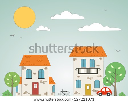 Old drawn city background with clouds. Vector