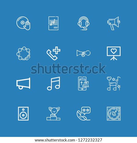 Editable 16 speaker icons for web and mobile. Set of speaker included icons line Music, Phone call, Podium, Speaker, Phone, Megaphone, Presentation, Horn, Tambourine on blue background