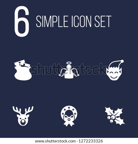 Set of 6 year icons set. Collection of elf, gift bag, garland elements.