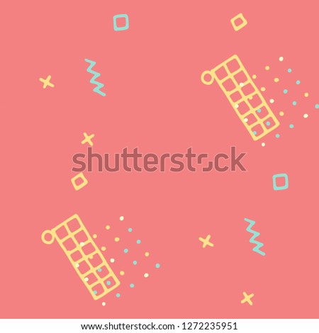 Retro Memphis Texture. Seamless Background for Banner, Poster, Cover in Trendy Style. Bright Geometric Pattern with Hand Drawn Scribble Elements. Colorful Triangles, Rings, Zigzags and Dots.