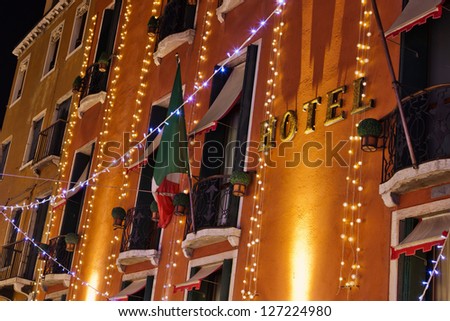 hotel facade in Venice at night