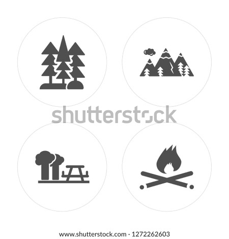 4 Trees, Picnic, Mountain, Campfire modern icons on round shapes, vector illustration, eps10, trendy icon set.