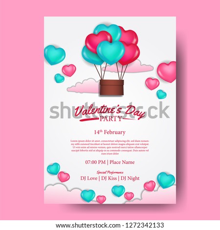 Valentine's day love romance party invitation poster template with pink and green hearth shape and flying air balloon and cloud. Vector illustration.