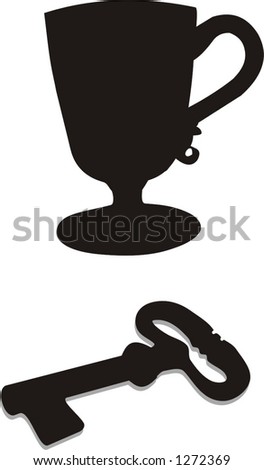 black cup and a stylish old key, vector illustrations