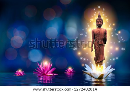 The Buddha statue stands on a white and pink lotus in the water. Bokeh blue background.