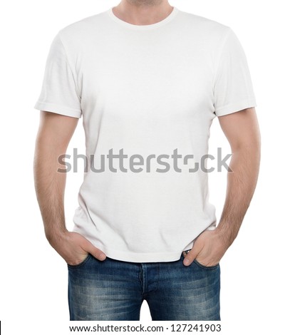 Man wearing blank t-shirt isolated on white background with copy space Royalty-Free Stock Photo #127241903