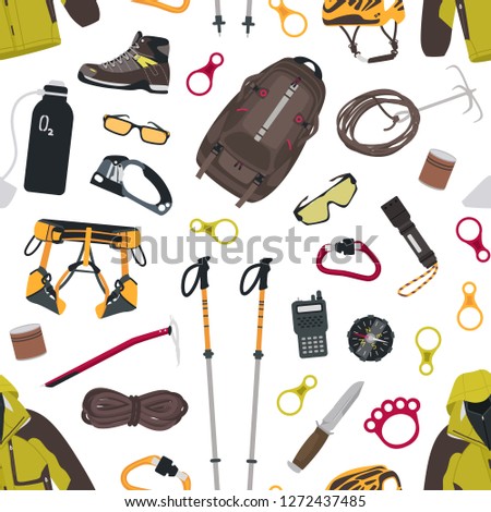 Seamless pattern with mountaineering and touristic equipment, tools for mountain climbing, clothing on white background. Colorful flat vector illustration for wrapping paper, wallpaper, textile print.