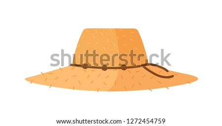 Farmer or agricultural worker straw hat with with wide brim and rope isolated on white background. Woven headdress or headgear. Decorative design element. Vector illustration in flat cartoon style. Royalty-Free Stock Photo #1272454759