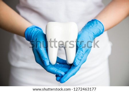 Dentist steel equipment. Professional oral care. Dentist clinic and cabinet.  White big tooth Royalty-Free Stock Photo #1272463177