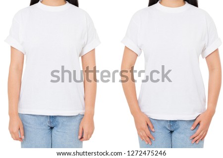 cropped image two asian woman set in t-shirt isolated on white,korean girl in white tshirt,blank,copy space