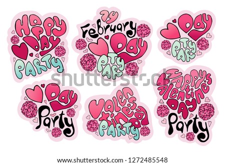 Valentine party set. Pink heart lettering. Happy valentine's day party. 14 february. Valentine sticker label patch isolate object on white valentines day. Vintage vector illustration
