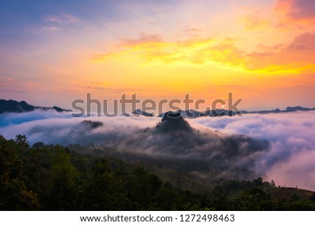 Colorful of sky and fog at Jabo viewpoint, Mae Hong Son, Thailand