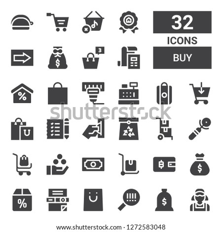 buy icon set. Collection of 32 filled buy icons included Clerk, Money bag, Barcode, Shopping, Scanner, Offer, Bag, Wallet, Delivery cart, Cash, Payment, Sign, Paper bag, Insert coin