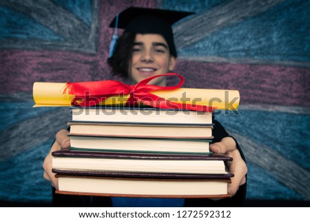 student with graduation uniform and background flag