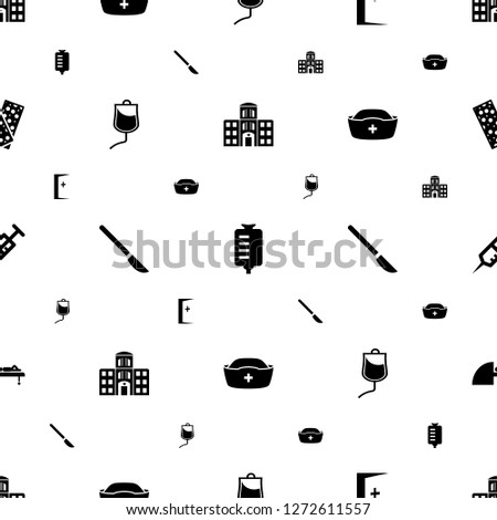 hospital icons pattern seamless white background. Included editable filled hospital building, drop counter, aid post, scalpel, nurse hat icons. hospital icons for web and mobile.