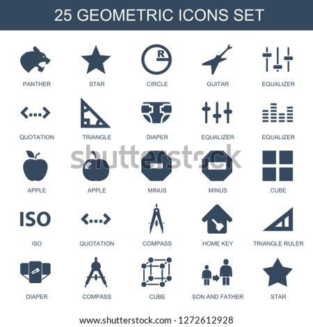 25 geometric icons. Trendy geometric icons white background. Included filled icons such as panther, star, circle, guitar, equalizer, quotation. geometric icon for web and mobile.