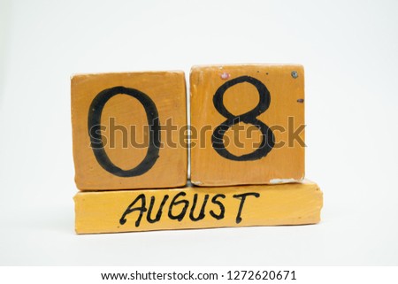 august 8th. Day 8 of month, handmade wood calendar isolated on white background. summer month, day of the year concept.