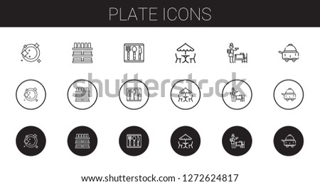 plate icons set. Collection of plate with dinnerware, cutlery, picnic, setting the table, room service. Editable and scalable plate icons.