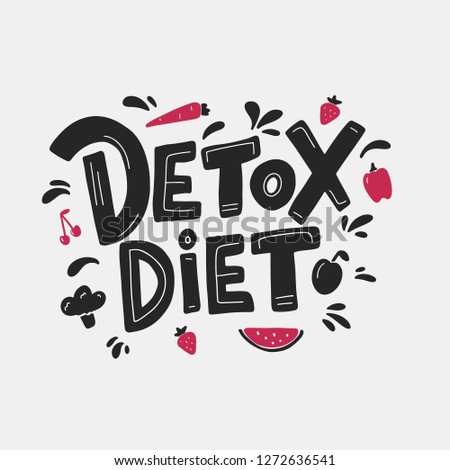 Detox diet vector lettering isolated on white background. Hand drawn fruits and vegetables in cute cartoon style. Detox clipart.