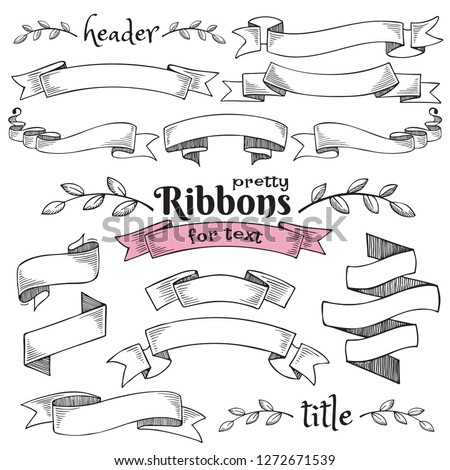 Set of vintage decorative hand drawn vector ribbon flags. Empty banner for old looking design of label, text header,  title, calligraphy or lettering. Useful pretty tool, illustration in doodle style.