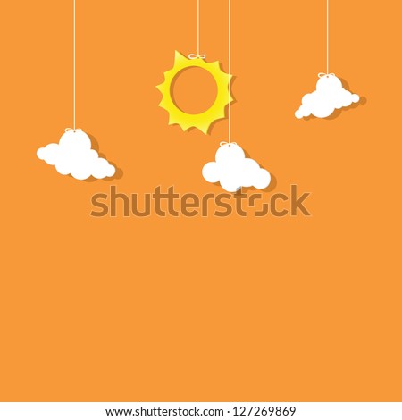 sun and clouds hanging on threads. Paper cut art clipart