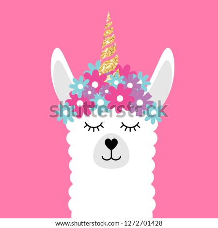 Vector flat cartoon cute lama lamacorn with glitter golden horn and flowers isolated on pink background 