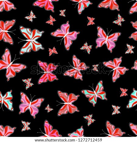 Illustration in black, pink and red colors. Beautiful fashion pattern with butterflies. Fantasy illustration. Fashion cute fabric design.