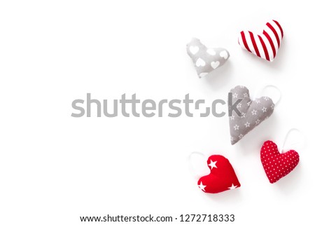 Valentine's Day background. Beautiful hearts on white background. Valentines day concept. Flat lay, top view, copy space