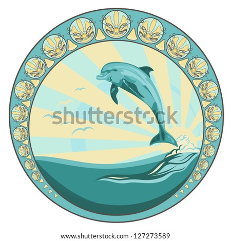 dolphin jumping among ocean waves - round vector label