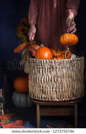 Autumn still life with pumpkins, wreath and leaves on wooden black rustic background, women holds pumpkin 