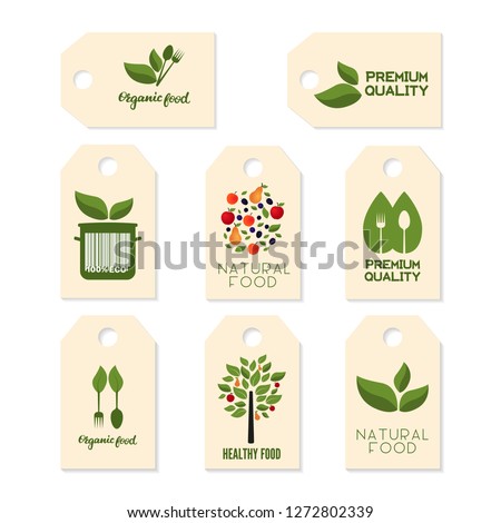 Set of natural food tags, stickers, icons, budges. Vector illustration. Healthy food tags. 