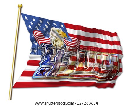 4th July graphic and Bald Eagle on flying Stars and Stripes flag with clipping path