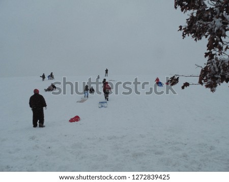 People having fun during a snow storm in Chicago Illinois winter time