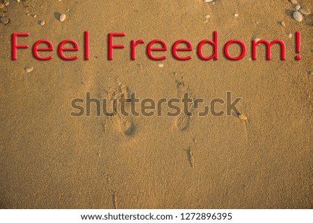 shoreline sea sand background texture surface from above with human foot print and " Feel Freedom " inscription by red letters , summer vacation and travel concept wallpaper pattern, copy space