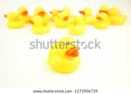 A yellow rubber duck left the duck group. Dare to be different concept or not follow the rule concept.