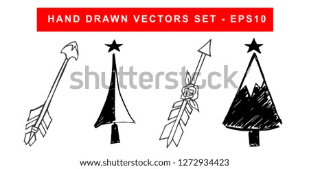 Hand Drawn Vector Illustration Set of Black Arrow With Feathers and Christmas Tree