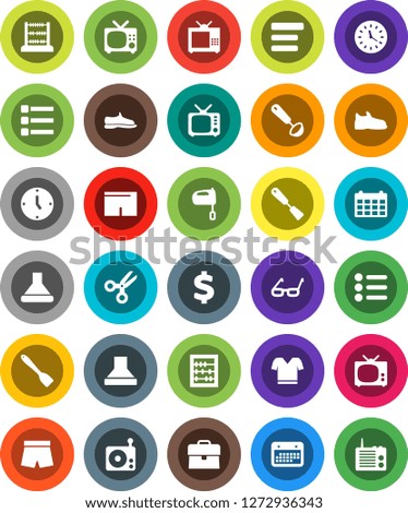 White Solid Icon Set- spatula vector, ladle, mixer, glasses, scissors, abacus, case, clock, calendar, dollar sign, snickers, shorts, t shirt, radio, tv, menu, hood