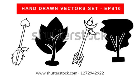 Hand Drawn Vector Illustration Set of Black Arrow With Feathers and Trees