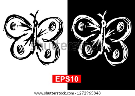 Black and White Vector Illustration of Hand Drawn Sketch of Butterfly Icon on Isolated Background